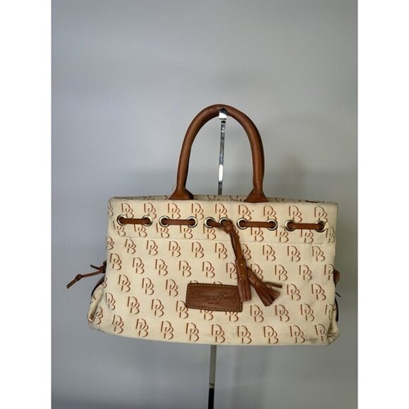 Dooney & Bourke Brown Canvas Leather Trim All over Monogram Satchel Tote Handbag - Picture 1 of 9